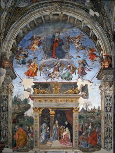 Jungfruns antagande och nedanför St. Thomas av Aquino som presenterar Maria kardinal Oliviero Carafa Fresco av filippinska Lippi (1457-1504) 1488-1492 Rom, Kyrkan Santa Maria sopra Minerva, Chapel Carafa Italien av Filippino Lippi
