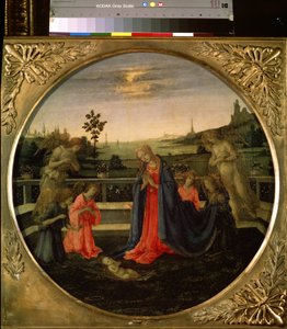 Tillbedjan av Kristusbarnet. Jesus Kristus barn älskat av Jungfru Maria och änglarna. Målning av Filippino Lippi (1457-1504), ca 1480. Tempera på koppar. Florentinsk konst, renässansperiod. Eremitagemuseet, Saint Pet av Filippino Lippi