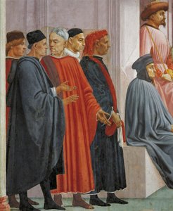 Män i medeltida klänning, detalj från The Raising of the Son of Theophilus, av Tommaso Masaccio, fresk av Filippino Lippi
