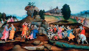 Moses för fram vatten ur klippan, c1500 av Filippino Lippi