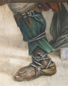 Saint John Evangelist Resuscitating Drusiana av Filippino Lippi, detalj av skor, fresk av Filippino Lippi