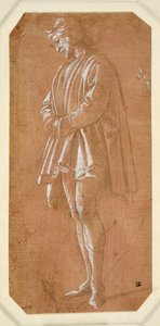 Studie av en ung man som står med händerna vikta i ärmarna (metallspets på papper förberedd rosa, förhöjd med vit kroppsfärg) av Filippino Lippi