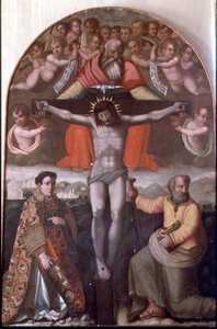 Treenighet med SS. Stephen och Philip, centralpanel i en altartavla (tempera på panel) av Filippino Lippi