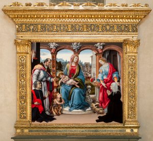 Jungfru med barn och den helige Johannes Döparen, den helige Martin och den heliga Katarina av Alexandria. Nerli altartavla (tempera på panel av Filippino Lippi