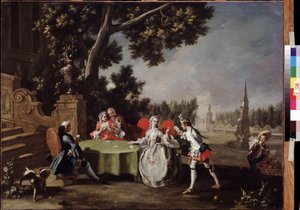 ""Kortfesten"" Grupp av italiensk adel som spelar kort i en trädgård. Målning av Filippo Falciatore (1718-1768) Pushkin-museet från 1700-talet, Moskva