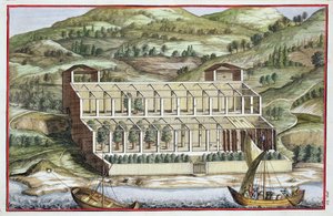 Strukturen av ett växthus, från "Hesperiderna" av Giovanni Battista Ferrari, graverad av Cammillo Congio (fl.1630), publicerad 1646.