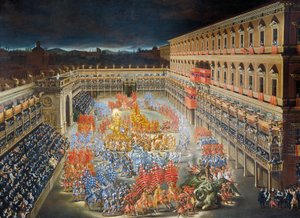 Firande på Palazzo Barberini för att hedra drottning Christine av Sveriges ankomst till Rom 1656, målning av Filippo Lauri (1623-1694) och Filippo Gagliardi (1606-1659), Detalj av Filippo and Gagliardi Filippo Lauri