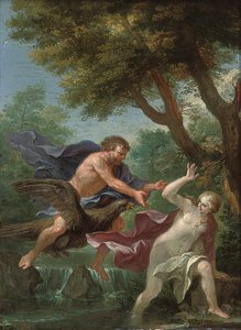 Ett trädbevuxet flodlandskap med Jupiter som jagar en flodnymf