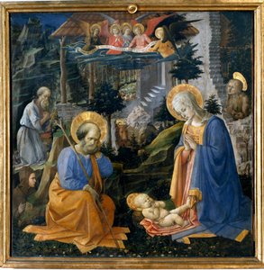Tillbedjan av barnet med Sankt Hieronymus, Sankt Hilarion, Sankt Madeleine och Änglarna Detrempe på trä av Filippo Lippi (1406-1469) 1455 runt Florens, Galleria degli Uffizi (Kontor) - Tillbedjan med Sankt Josef, Sankt Hieronymus, Maria Magdalena och St. I