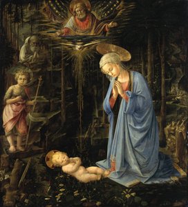 Jungfrun som tillber barnet / Tillbedjan i skogen, Den heliga familjen med den unge Johannes av Filippo Lippi