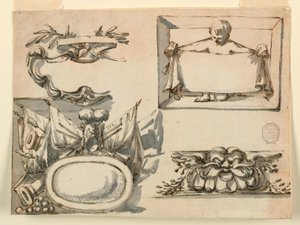Ritning, En vapensköld, en trofé, en etikett, ett dekorativt motiv för en fris, 1750-75 av Filippo Marchionni