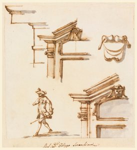 Ritning, arkitektoniska detaljer och figurstudie, 1760-75 av Filippo Marchionni