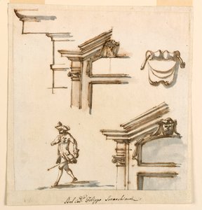 Ritning, arkitektoniska detaljer och figurstudie, 1760-75 av Filippo Marchionni