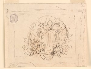 Teckning, Tavla med påven Benedictus XIV:s vapensköld med snäcka som bakgrund, 1740-58