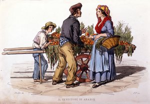 Kleingewerbe i staden Neapel: den vandrande säljaren av apelsiner. Gravyr efter målning av F. Palizza. Från ett verk av Francesco de Bourcard "" Costumi del regno di Napoli"" av Filippo Palizzi