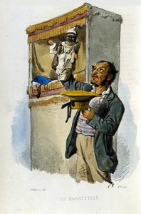 Småföretag i staden Neapel: dockspelaren. Gravyr efter målning av F. Palizza. Från ett verk av Francesco de Bourcard "" Costumi del regno di Napoli"" av Filippo Palizzi
