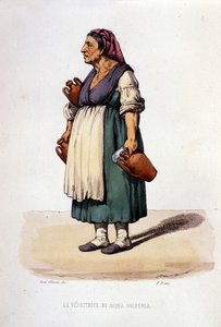 Småföretag i staden Neapel: gående försäljare av svavelvatten. Gravyr efter en målning av F. Palizza. Från ett verk av Francesco de Bourcard "Costumi del regno di Napoli" av Filippo Palizzi