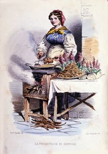 Småföretag i staden Neapel: vandrande försäljare av zeppolle, specialitet konditori i Neapel. Gravyr efter målning av F. Palizza. Från ett verk av Francesco de Bourcard "" Costumi del regno di Napoli"" av Filippo Palizzi