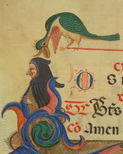 Missal 515 42r En fantastisk fågel uppflugen ovanför en mantelfigur, detalj av dekorerad initial R och bård från en körbok utförd före 1449 velängdetalj av 56727