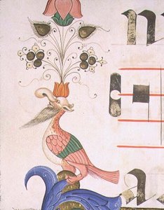 Missal 515 f.120v Grotesk fågel med människohuvud, detalj av dekorativ bård från en körbok utförd före 1449 (vellum)