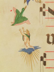 Missal 515 f.13v En klädd kerub som försöker fånga en flygande fågel, från en dekorativ bård, detalj från en körbok utförd före 1449 velängdetalj av 56721