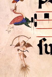 Missal 515 f.5r En kerub som skjuter en stork med båge och osynlig pil, detalj av dekorativ bård från en körbok avrättad före 1449 (vellum)