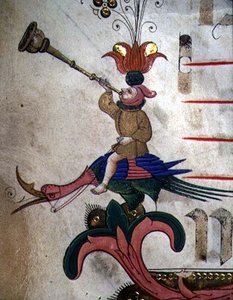 Missal 515 f.9r Figur som blåser i horn, monterad på en fågel med sele, detalj av dekorativ bård från en körbok utförd före 1449 (detalj av 88907)