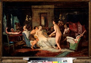 Eve of the Wedding Party in a Bath - Målning av Firs Sergeevich Zhuraviev (1836-1901), olja på duk 1885, rysk konst