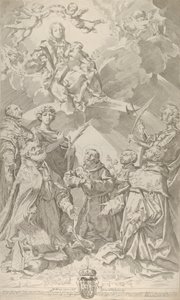 Skyddshelgon för Bologna tittar uppåt på Jungfrun som sitter i molnen med..., 1640-50.