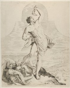 Simson håller käkbenet av en åsna över huvudet och står bredvid filierna..., ca. 1640-60.