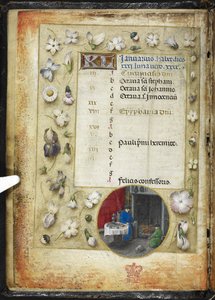 Lägg till MS 38126 f.1v Kalendersida för januari, med en rundel miniatyr av två män som värmer sig inför en eld, från en 
