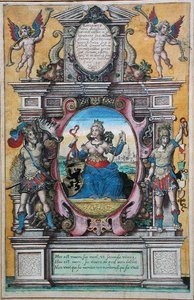 Allegori över staden Antwerpen (färggravyr) av Flemish School