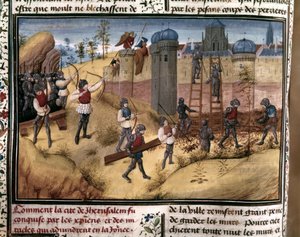 KRUSADER: "Korsfararna klättrar på Jerusalems murar. Från "Histoire des Cr... av Flemish School