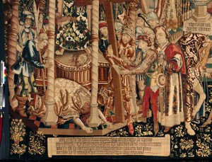 Katedralen (The Seo. Ca tedraal of the Savior of Zaragoza). Gobelängmuseet. flamländsk gobeläng. Legenden om det heliga korset (Legenden om det heliga korset, om legenden om det heliga korset). Detalj. Cirka. 1450. 430x1120cm. av Flemish School