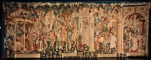 Katedralen (La Seo, Catedral del Salvador de Zaragoza). Gobelängmuseet. flamländsk gobeläng. Legenden om det heliga korset (La leyenda de la Santa Cruz). Ca. 1450. 430x1120cm. av Flemish School