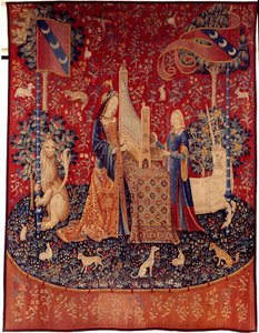 Gardin av Enhörningsfrun (Enhörningsdamen): hörsel. Gobeläng av ull och siden tillverkad mellan 1484 och 1500. Från Chateau de Boussac, Creuse. Dämpa. 3,7x4,7 m. Paris, Nationalmuseet för medeltiden, Thermes de Cluny av Flemish School