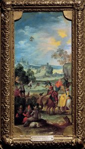 Falkjakt Scenjakt och vila på landsbygden. Målning av den flamländska skolan. Början av 1600-talet. Dijon, Museum of Fine Arts av Flemish School