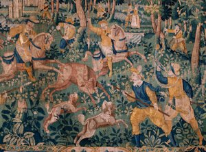 flamländsk gobeläng. Rådjursjakt (Hunting a deer). Atelier i Oudenaarde. 295x331 cm. Inv (82941)-1 / PRIVAT. 1600-talet. av Flemish School