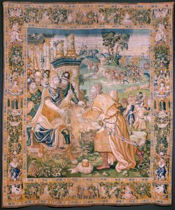 flamländsk gobeläng. Alexander erbjuds en krona (Alexander erbjuds en krona). Atelier i Oudenaarde. 384x316 cm. Inv (83024)-5 / 00009. 1600-talet. av Flemish School