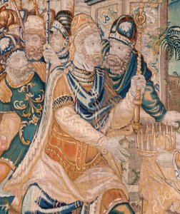 flamländsk gobeläng. Alexander erbjuds en krona (Alexander erbjuds en krona). Atelier i Oudenaarde. 384x316 cm. Inv (83024)-5 / 00009. 1600-talet. av Flemish School