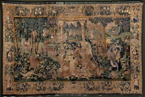 flamländsk gobeläng. Landskap med pergola och stora bestar, med 2 kolumner. Atelier i Oudenaarde. 319x508cm. Inv 0023. 1600-talet. av Flemish School