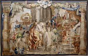フランダースのタペストリー。 シリーズ 聖体の神格化。 モーセ律法の犠牲 (Sacrificio de la Ley Mosaica)。 ルーベンスのオリジナルからコピーされたモデル漫画。 ブリュッセルの製造。 フランス・ヴァン・デン・ヘッケによる製造。 17世紀半ば。 ファブリック シルクとウール、スウェーデン av Flemish School
