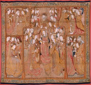 flamländsk gobeläng. Serie Devotion of Our Lady eller gyllene dukar. Jungfruns kröning (La Coronación de la Virgen). Fjärde gobelängen i serien. Modelltecknare från Colyn de Coters krets. Tillverkning Pieter van Aelst, Bryssel. Ca 1500-15 av Flemish School