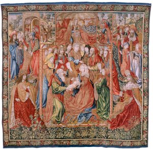 flamländsk gobeläng. Serieavsnitt från Jungfruns liv; Presentation vid templet (Presentación en el Templo). Andra gobeläng i serien. Modeller tillskrivna Jan van Roome (eller van Brussel). Tillverkning Pieter van Aelst, Bryssel. Ca 1502-1504. av Flemish School
