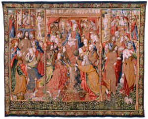 flamländsk gobeläng. Serieavsnitt från The Life of the Virgin. Profetiorna uppfylls vid Kristi födelse (Profetiornas uppfyllelse vid Guds Sons födelse). Första gobelängen i serien. Modeller tillskrivna Jan von Roome (eller van B av Flemish School