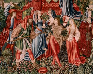 flamländsk gobeläng. Serien Human Redemption eller laster och dygder. Laster leder människan till synd (Los Vicios conducen al Hombre al pecado). Andra gobeläng i serien (den första av de som förvaras i Palencia. Bryssel tillverkning, verkstad. Ca 1510. St av Flemish School