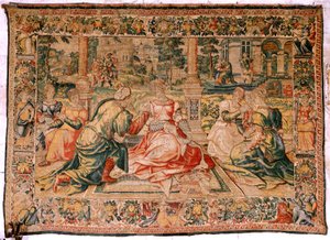 flamländsk gobeläng. Serien Mark Anthony och Cleopatra. Cleopatra och hennes hov (Cleopatra en su corte). Tecknad modell tillskriven Pieter Coecke van Aelst. Tillverkning Bryssel(?). Andra hälften av 1500-talet. Tyg Siden och ull. Storlek 310 x 435 cm. Urs av Flemish School