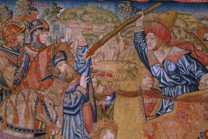 flamländsk gobeläng. Serien Moralities: The virtue of the honors (De deugd van de Honores, The Virtue of honors). Ca 1520. Detalj av Flemish School