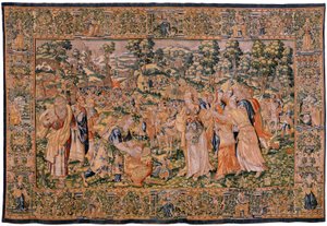 flamländsk gobeläng. Serien Story of Cyrus. No VI Tomyris beordrar Cyrus huvud att doppas i ett blodkärl (Tomiris manda sumergir la cabeza de Ciro en un recipiente lleno de sangre). Anonym, baserad på Michiel Coxcie. Atelier Antwerpen. Siden och woo av Flemish School