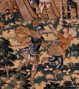 flamländsk gobeläng. Serien Story of Cyrus. No V Strid mellan två krigare och Cyrus död (Combate de dos guerreros y muerte de Ciro). Anonym, baserad på Michiel Coxcie. Atelier Antwerpen. Siden och ull. Omkring 1590. av Flemish School